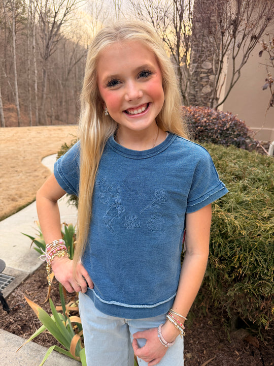 Denim Icons Embroidery Top Crossed Back Tween Girls