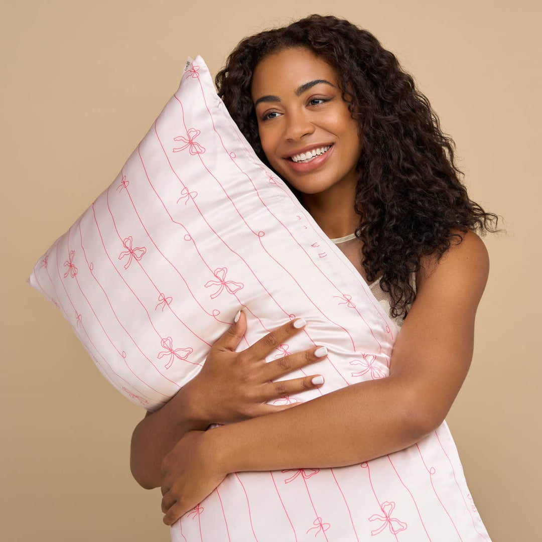 Holiday Satin Pillowcase in Striped Bows