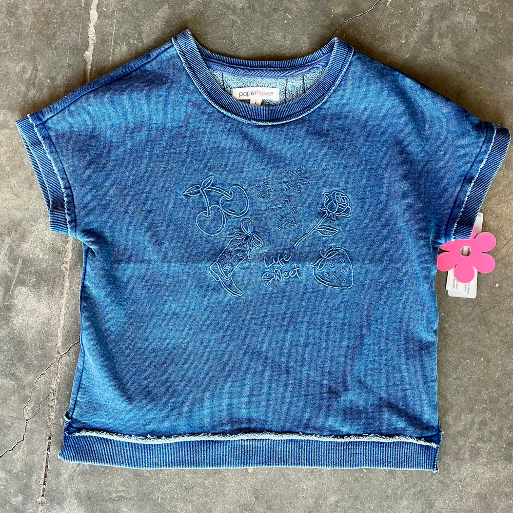Denim Icons Embroidery Top Crossed Back Tween Girls