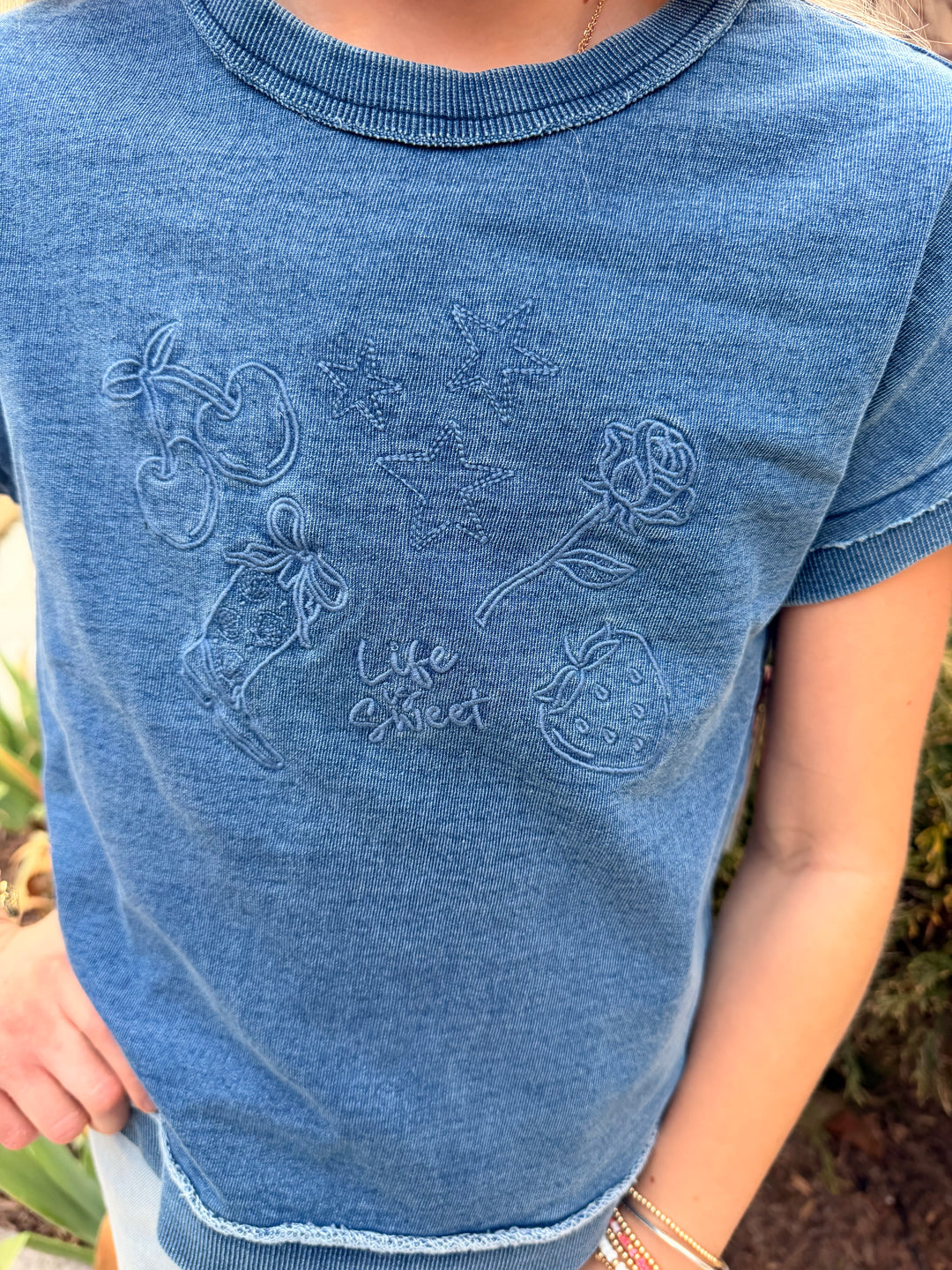 Denim Icons Embroidery Top Crossed Back Tween Girls