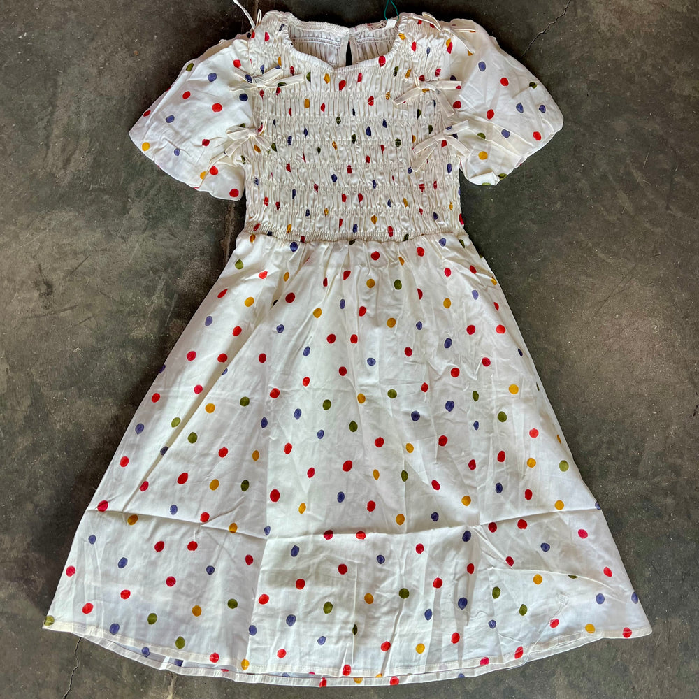 Bow Detailed Smocked Polka Dot Dress