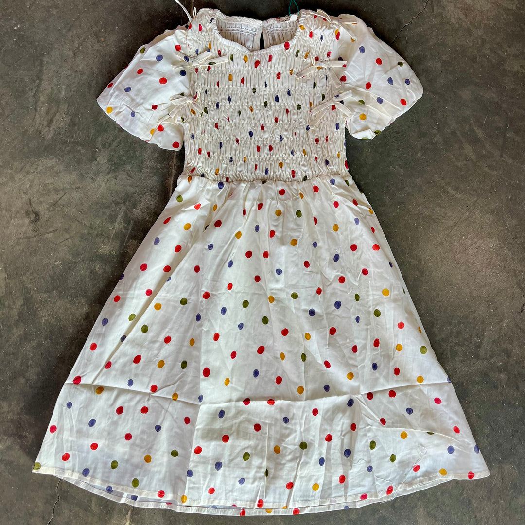 Bow Detailed Smocked Polka Dot Dress