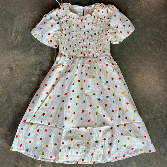 Bow Detailed Smocked Polka Dot Dress