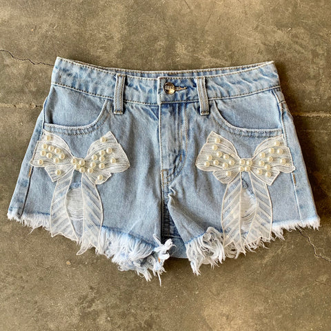 Denim Pearl Bow Shorts