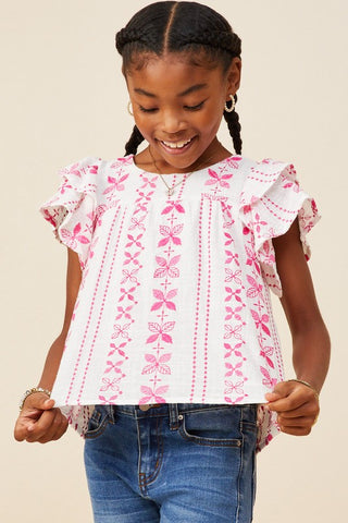 Botanical Embroidered Ruffle Top