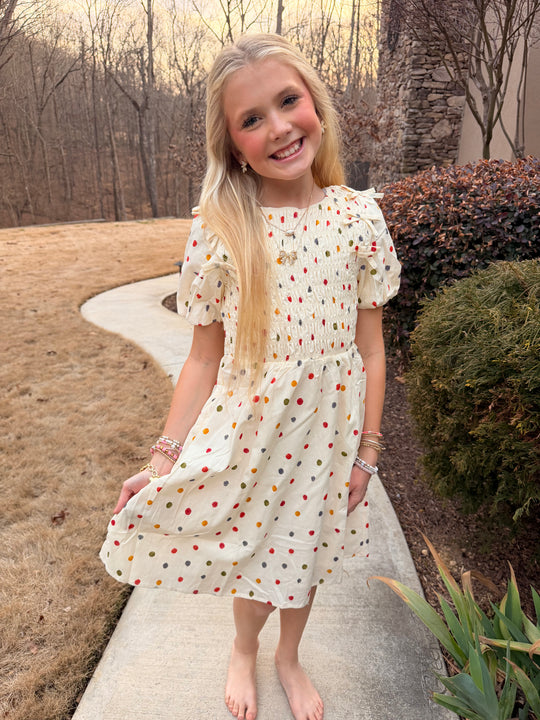 Bow Detailed Smocked Polka Dot Dress