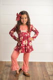 Wine & Coral Floral Bow Top & Ruffle Pant Set